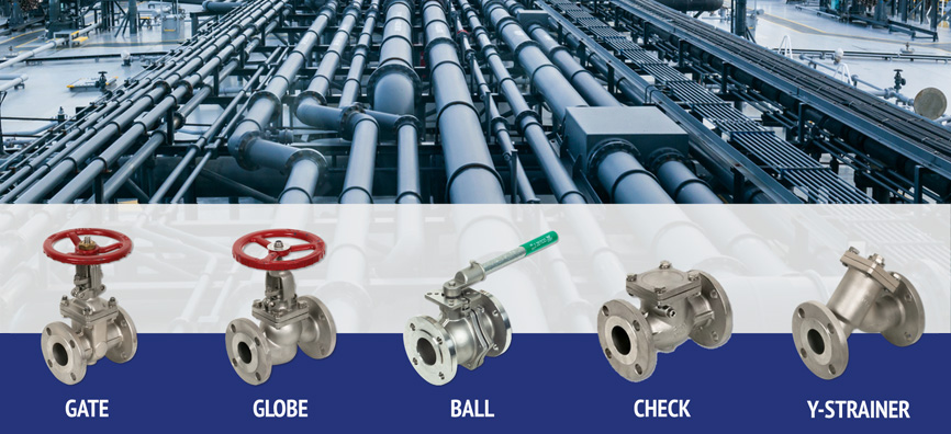 Flanged stainless steel values on background of industrial pipes